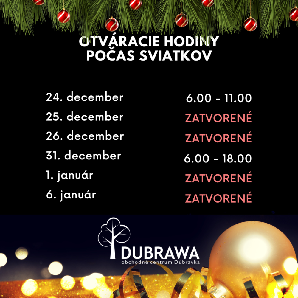 Otváracie hodiny počas sviatkov.